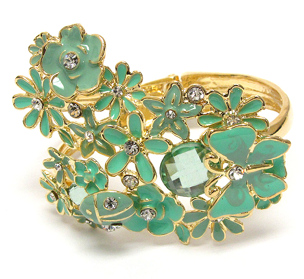 Multi crystal and metal epoxy flower with butterfly hinge bangle