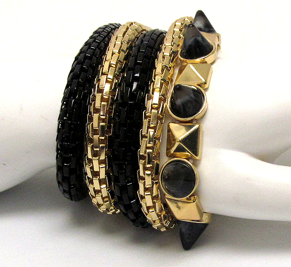 Metal and acryl spike pattern and tub snake stretch bracelet set of 5