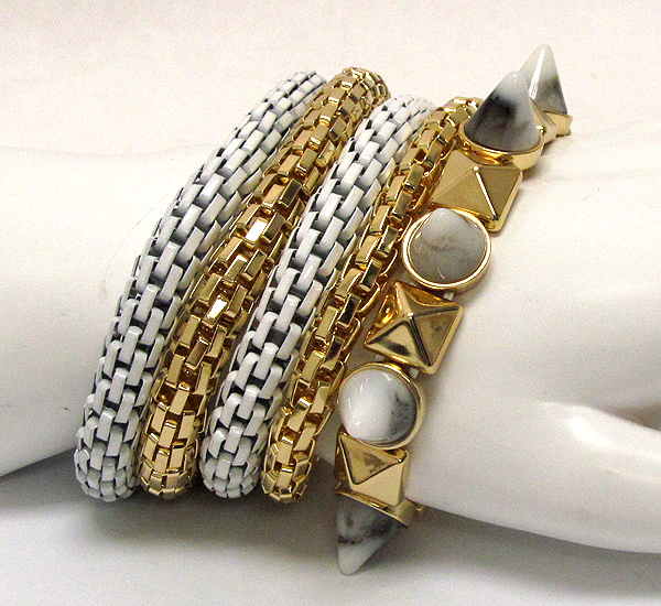 Metal and acryl spike pattern and tub snake stretch bracelet set of 5