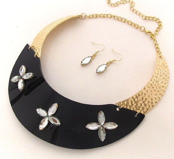 Crystal glass flower pattern on half acryl and half metal choker necklace earring set