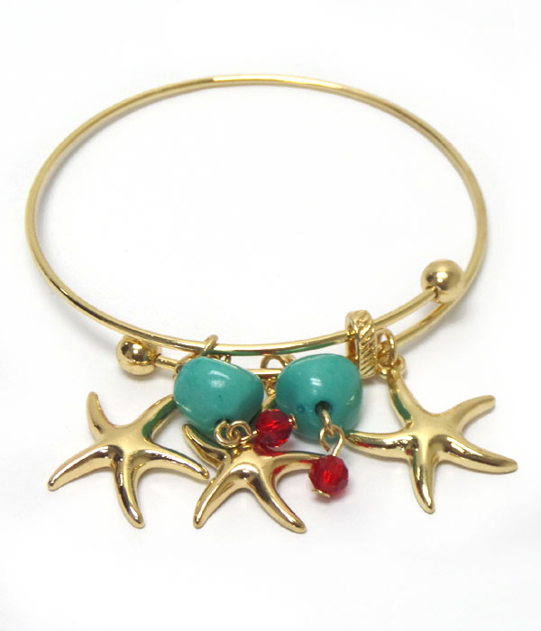 Triple starfish charm bangle wire bracelet 