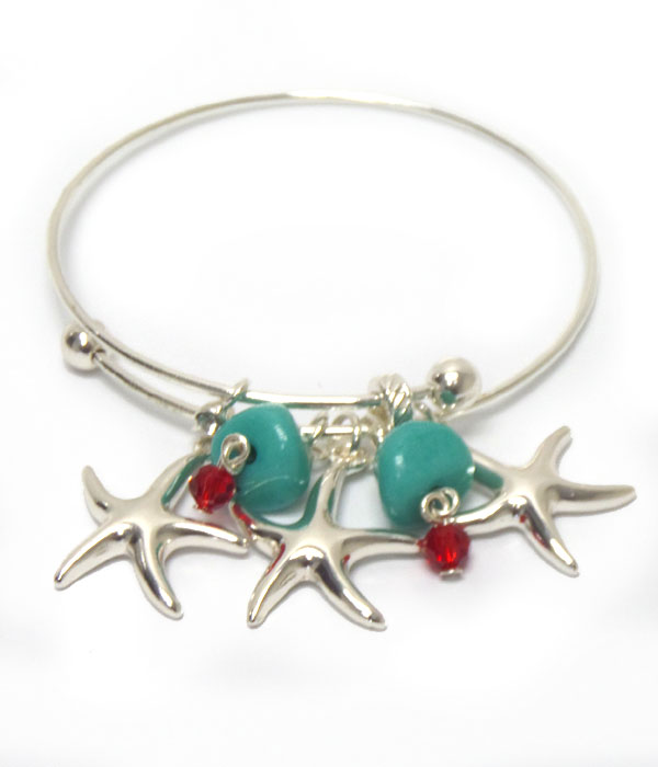 Triple starfish charm bangle wire bracelet 