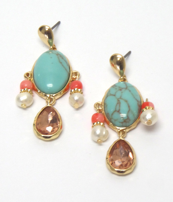 Semi precious stone and pearl beads dangle earring