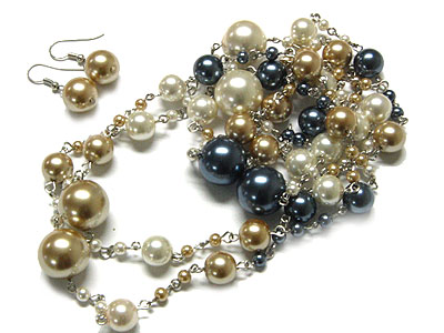 Glass pearl long necklace and earring set