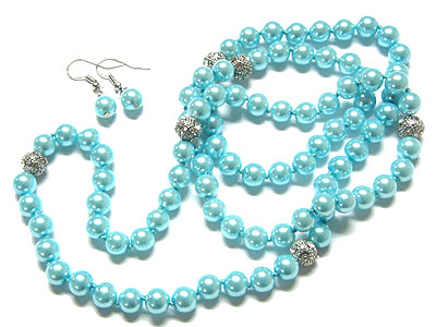 Pave crystal ball and glass pearl necklace and earring set