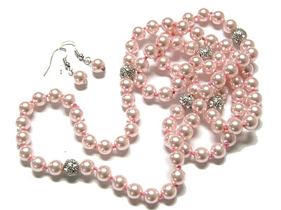 Pave crystal ball and glass pearl necklace and earring set