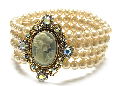 Crystal frame cameo and three row glass pearl stretch bracelet