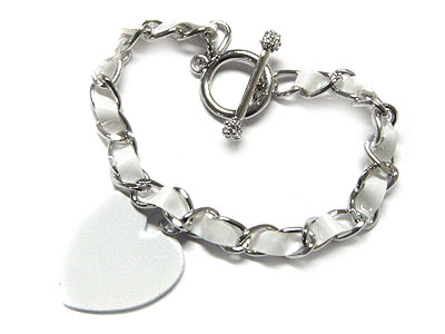 Color heart charm bradied leather cord and metal chain bracelet