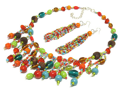 Multi beads hanging drop necklace and earring set