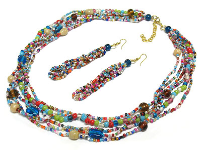 Multi strand beads necklace and earring set