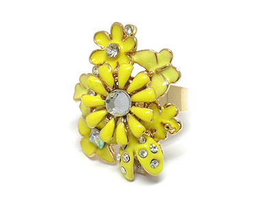 Crystal and enamel fashion flower adjustable ring