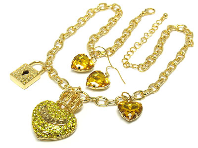 Designer inspired crystal heart and crown and padlock necklae and heart earring set