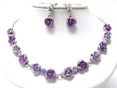 Enameled metal flower and crystal link necklace earring set