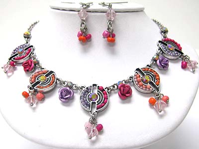 Enameled metal flower and seed beads deco disk necklace earring set