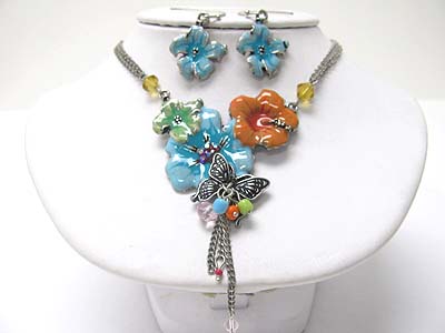 Enameled metal flower and butterfly necklace earring set