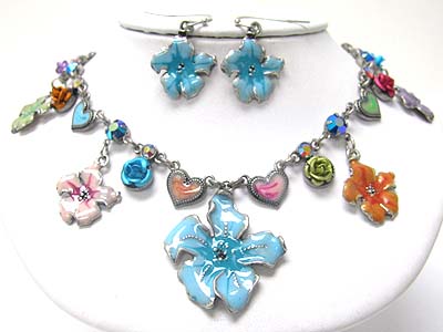 Enameled metal flower and butterfly necklace earring set