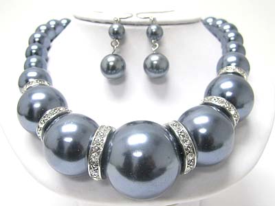 Large perl ball beads and crystal ring link necklace earring set