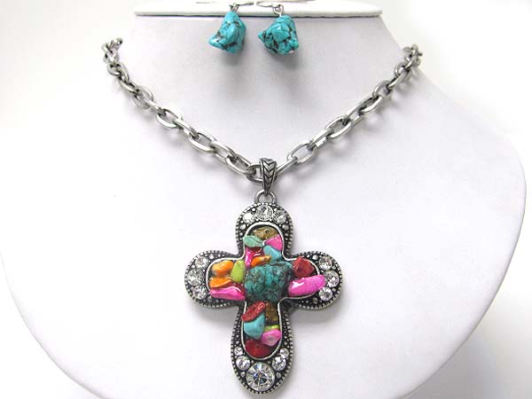 Natural chip stone and crystal deco cross pendant necklace earring set