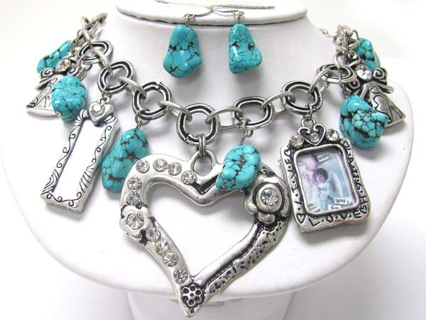 Natural stone and crystal heart and photo frame drop necklace earring set