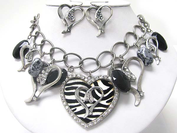 Natural stone and zebra pattern  crystal heart dangle necklace earring set