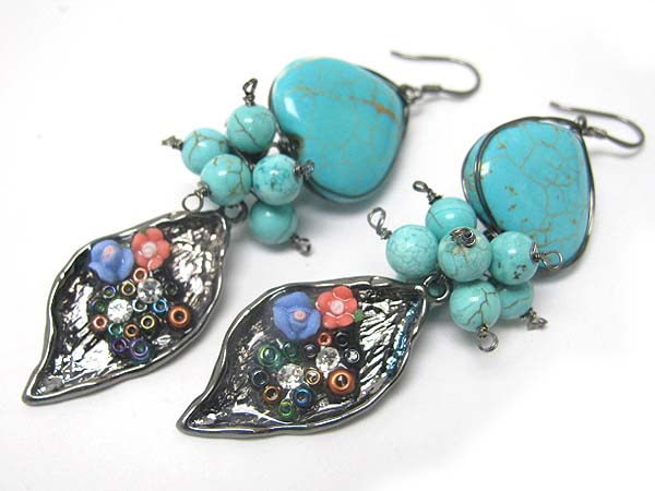 Hand made semi precious stone earring - stone and flower drop