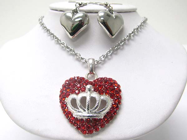 Valentine theme crown on crystal puffy heart necklace earring set