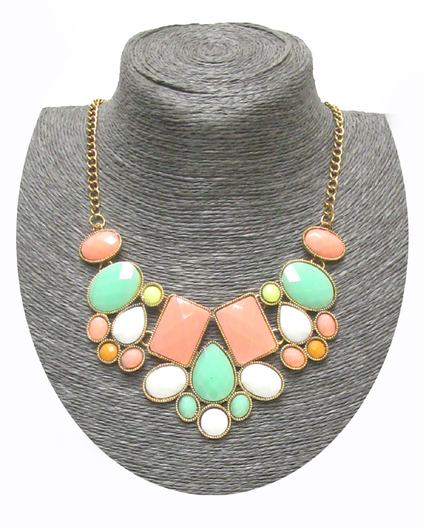 Pastel stones linked bib necklace set