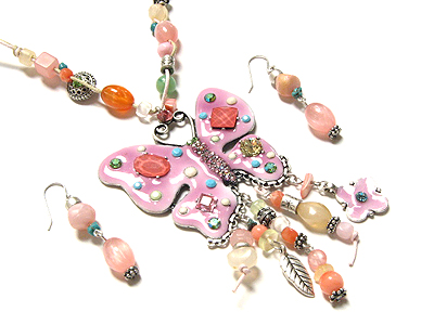 Hand painted crystal butterfly with natural stone  necklace and earring set