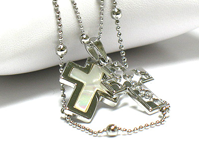 Made in korea whitegold plating mother of pearl dual cross necklace - long chain