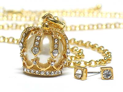 Pearl inside crystal crown necklace and earring set