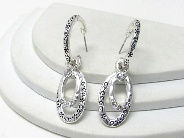 Crystal deco metal casting oval earring