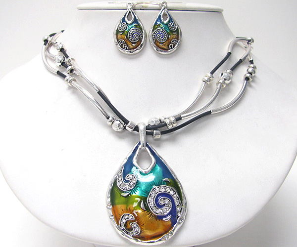 Crystal and epoxy deco tear drop pendant and cord and tube chain necklace earring set