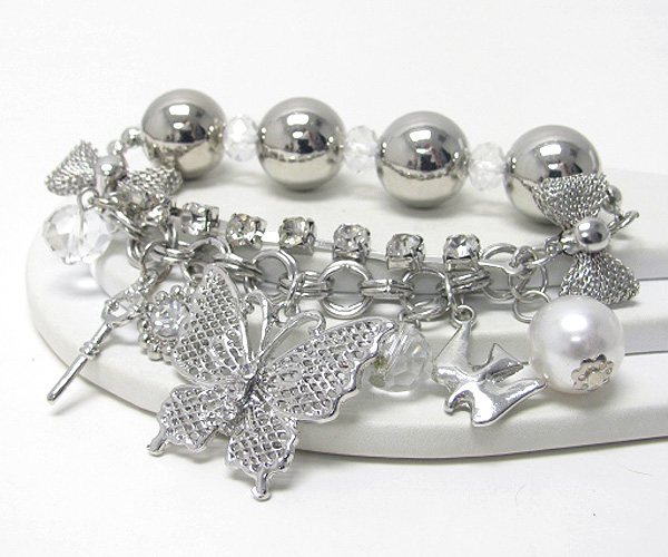 Butterfly charm and crystal and metal ball chain stretch bracelet