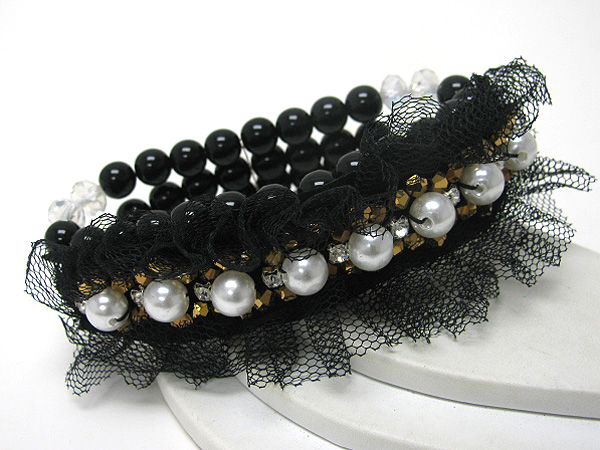 Multi pearl and fabric deco stretch bracelet