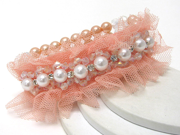 Multi pearl and fabric deco stretch bracelet