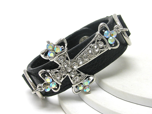 Multi crystal stud cross and leatherette button bracelet