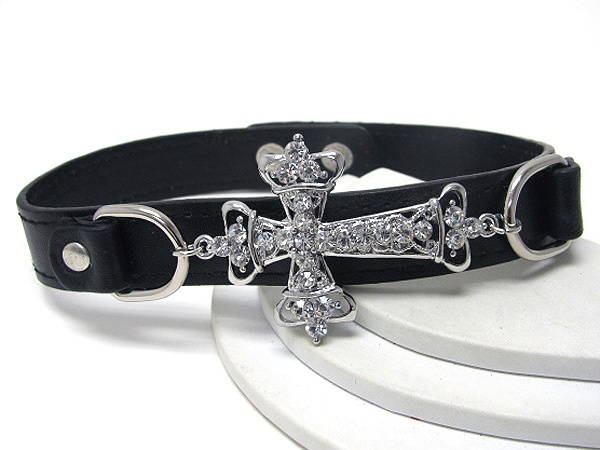 Crystal stud cross and leatherette chocker necklace