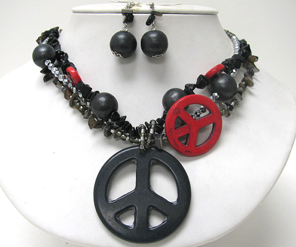 Acrylic peace pendant and multi chain necklace earring set