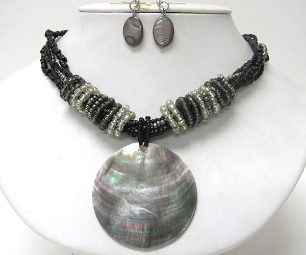 Shell disk pendant and multi chip stone necklace earring set