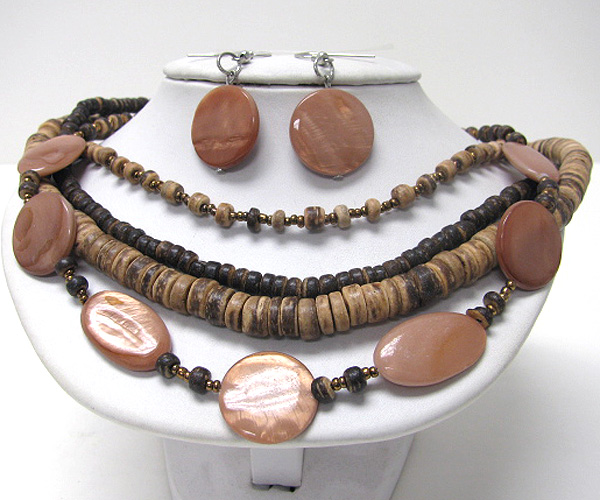 Shell disk and wooden chip deco chain necklace earring set