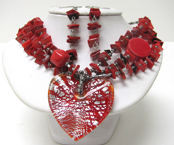 Murano glass heart and multi shell chip link chain necklace earring set