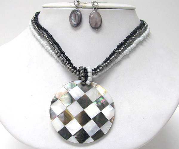 Shell and abalone checker pattern disk and chip stone multi chain necklace earring set