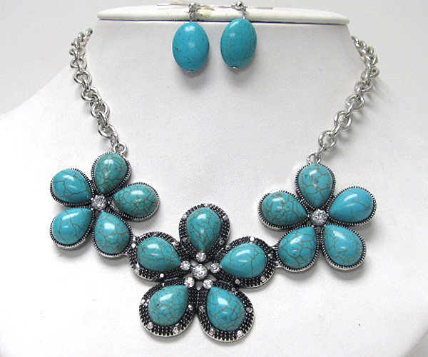 Turquoise and crystal deco triple flower link necklace earring set