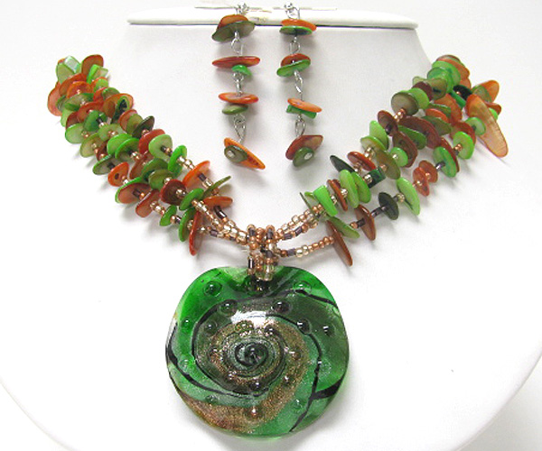 Murano glass disk and shell chip deco multi chain necklace earring set