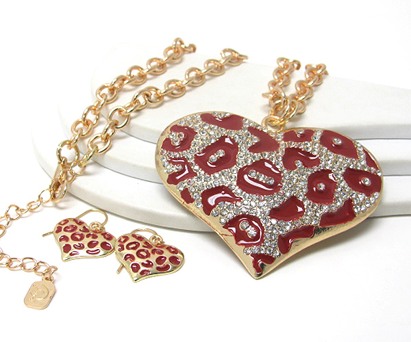 Crystal and epoxy metal heart pendant long necklace earring set