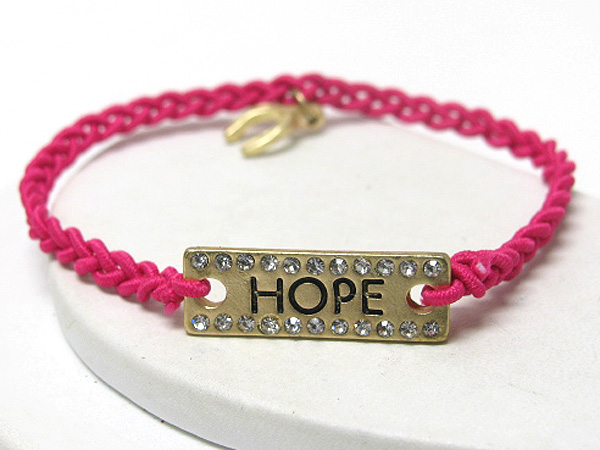 Crystal deco message metal plate and twisted cord friendship bracelet