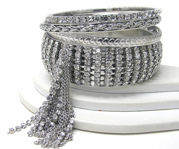 Rhinestone deco stackable multi bangle and tassel accent bracelet