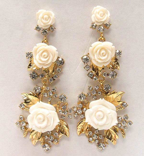 Three acryl conetted rose and crystal drop earring