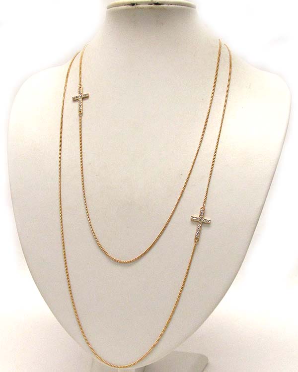 Crystal double cross accent long chain necklace