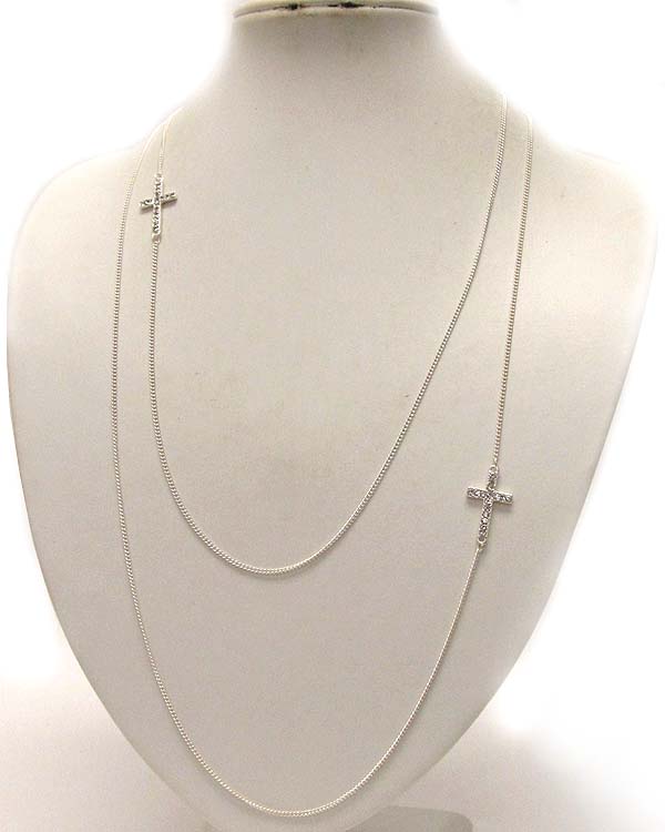 Crystal double cross accent long chain necklace